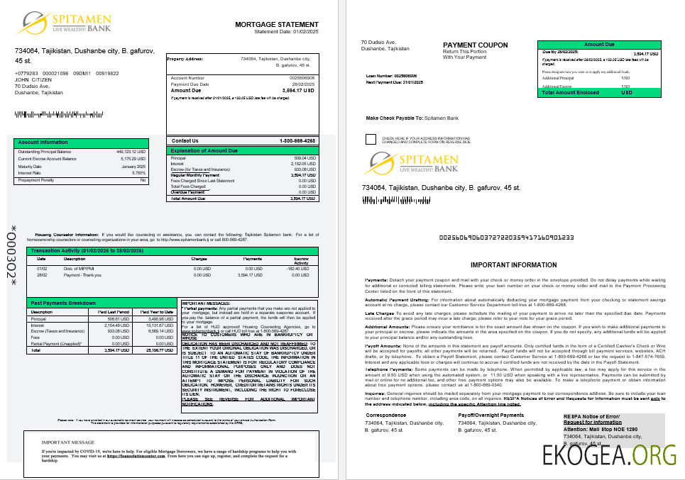 Relevé hypothécaire de la Spitamen Bank du Tadjikistan aux formats Word et PDF 1 , 2